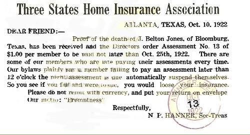 Three States Home Insurance Assoc. - Back of card - 1922