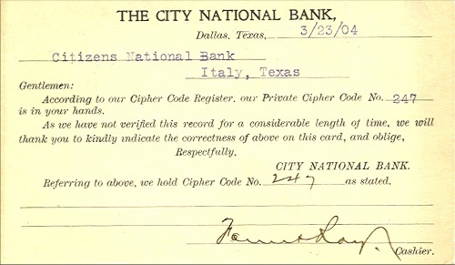 City National Bank - Back Of Card - 1904